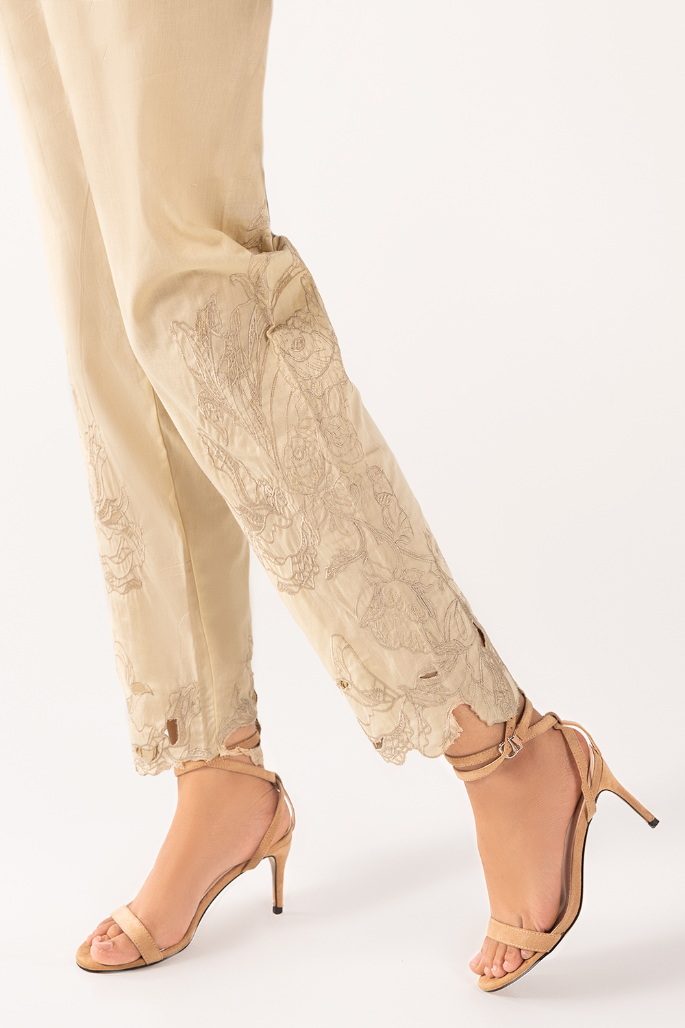 Beige Dyed & Embroidered Cambric Trouser TR-21-10